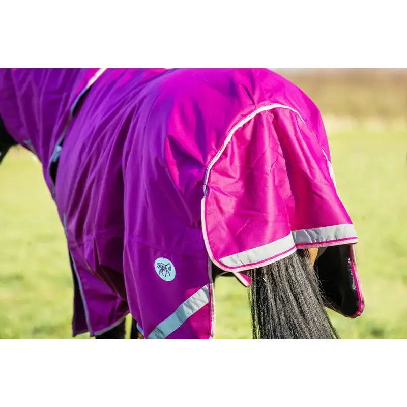 Swish 100g detachable neck turnout rug in vibrant mulberry purple with liner attachments and reflective silver trim