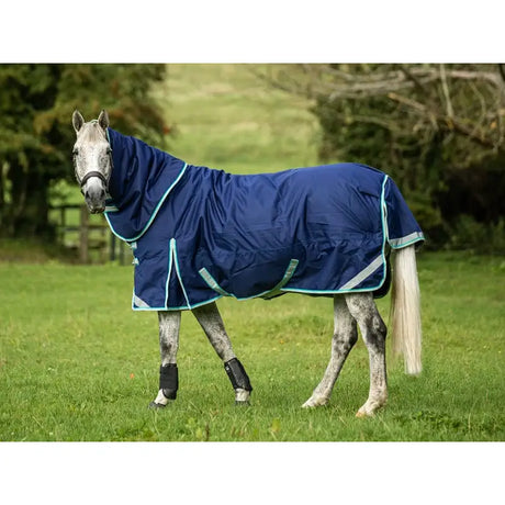 Navy swish 100g detachable neck turnout rug with light teal trim and neck cover with reflective strips for safety
