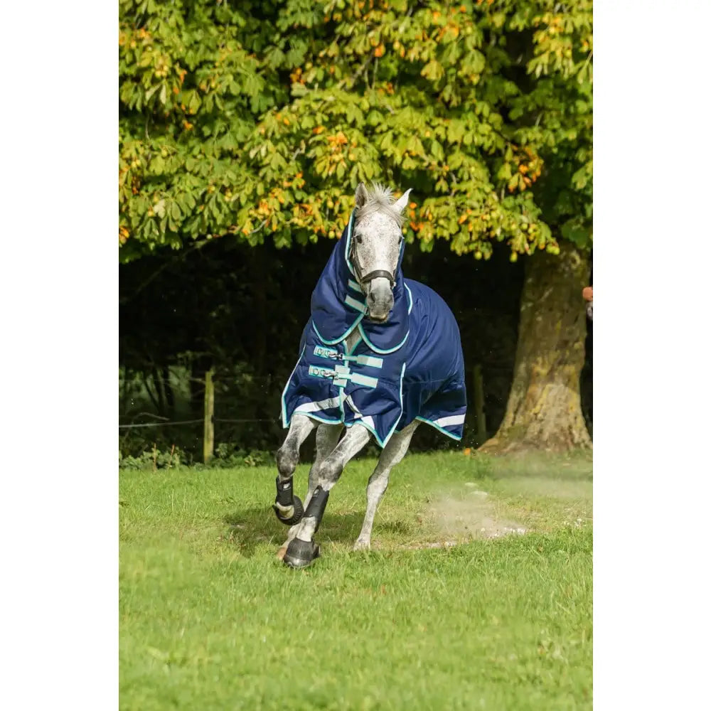 Navy swish 100g detachable neck turnout rug with light teal trim neck cover and reflective strips for horses