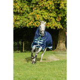 Navy swish 100g detachable neck turnout rug with light teal trim neck cover and reflective strips for horses