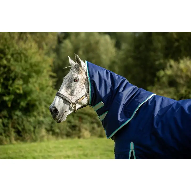 Navy swish 100g detachable neck turnout rug with light teal trim and reflective strips for equestrian use