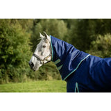 Navy swish 100g detachable neck turnout rug with light teal trim and reflective strips for equestrian use