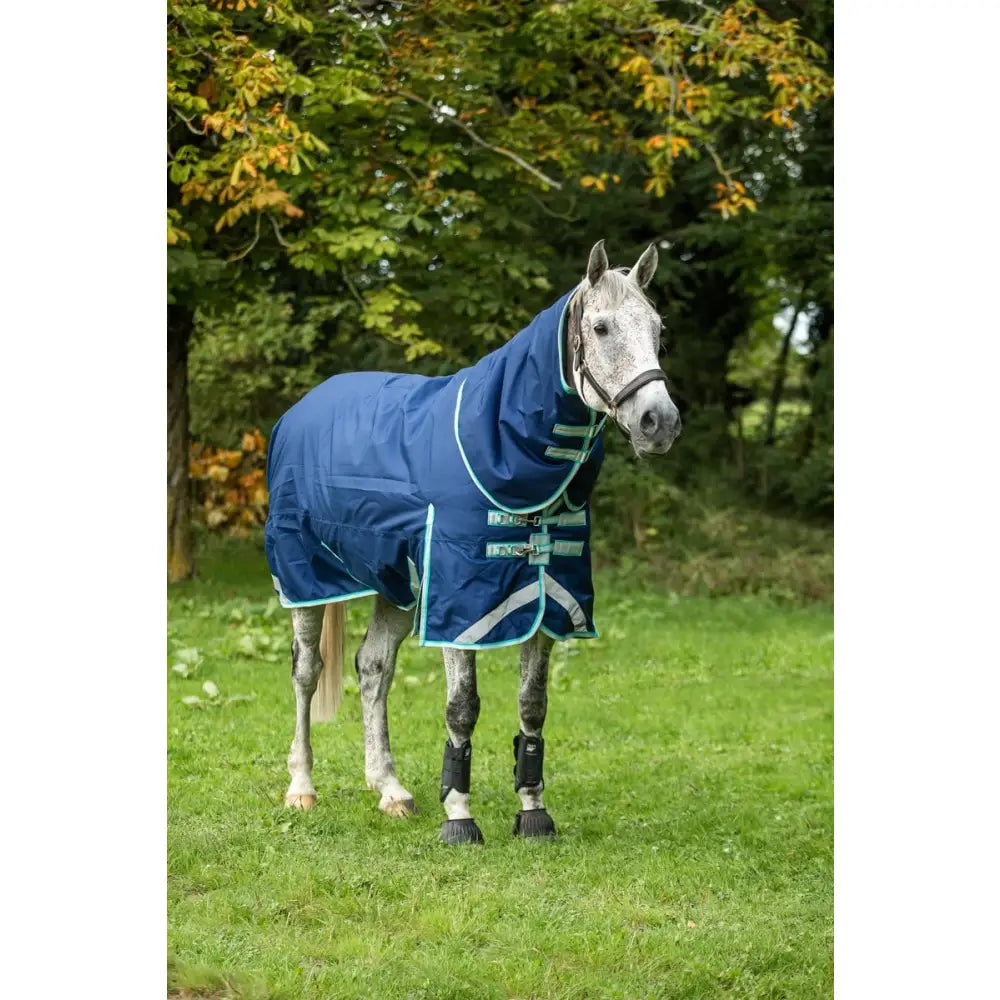 Blue swish 100g detachable neck turnout rug with teal trim and reflective strips for horse neck cover use