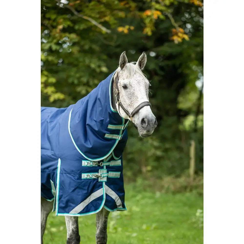 Blue horse blanket swish 100g detachable turnout with teal trim reflective strips and adjustable buckles for secure fit
