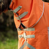 Bright orange detachable neck turnout rug with reflector gray trim and adjustable buckles for liner attachments