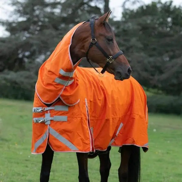 Bright orange swish 100g detachable neck turnout rug with reflective strips and liner attachments for safety and comfort
