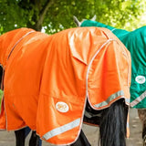Bright orange detachable neck turnout rug with liner attachments and reflective silver stripes for horses