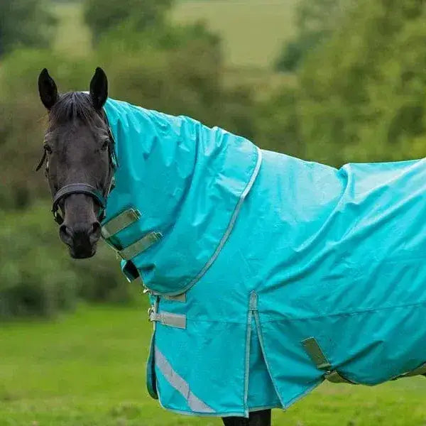 A bright turquoise detachable neck turnout rug peppermint with reflective strips and adjustable liner attachments