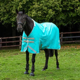 Teal detachable neck turnout rug peppermint with reflective stripes and adjustable liner attachments for horses