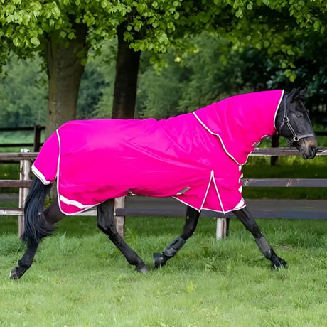 Swish 100g detachable neck turnout rug pink with denier outer, waterproof fabric, white trim, and reflective stitching
