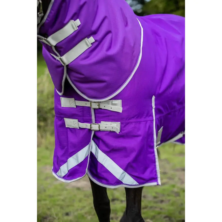 Purple swish 100g detachable neck turnout rug with reflective strips white trim adjustable buckles and tail flap