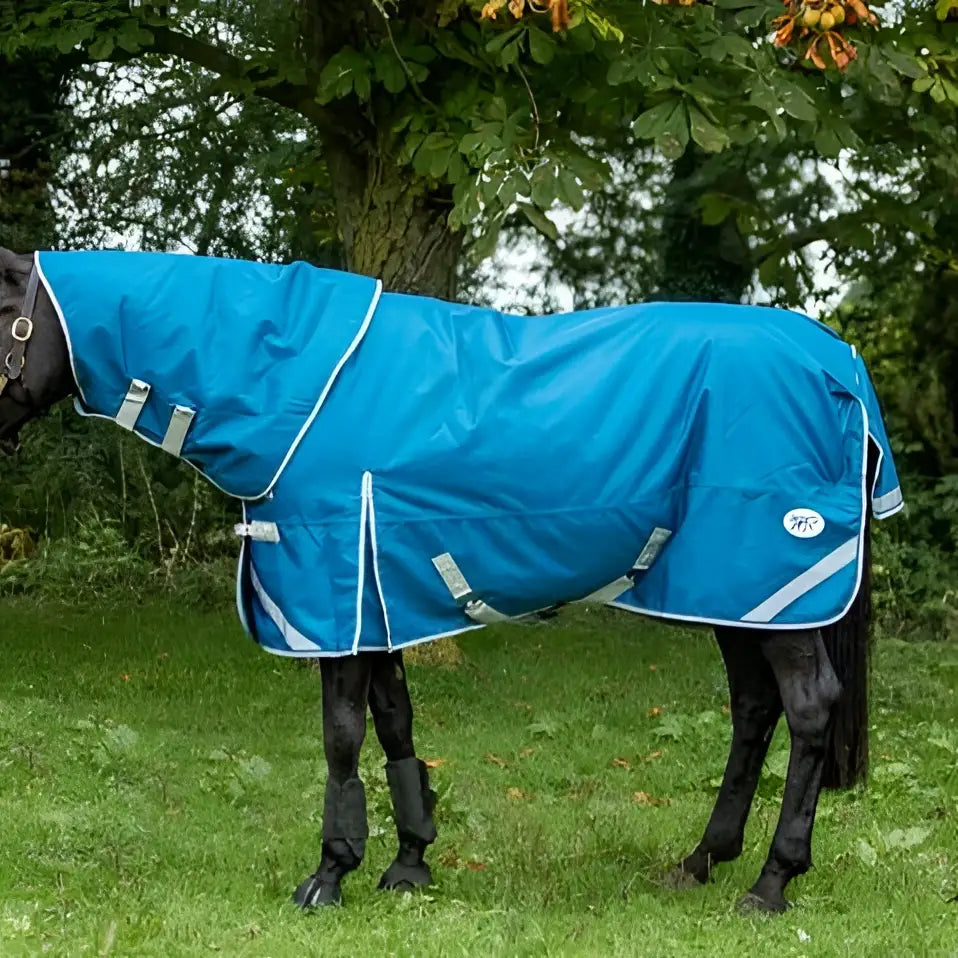 Bright blue swish 100g detachable neck turnout rug with white trim and reflective strips for waterproof protection