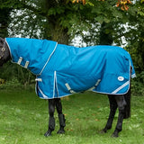 Bright blue swish 100g detachable neck turnout rug with white trim and reflective strips for waterproof protection