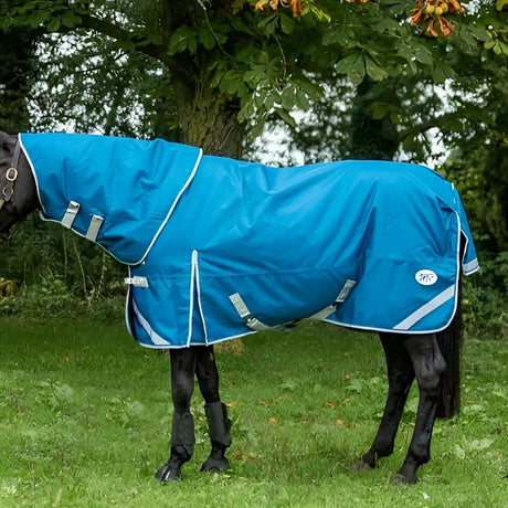 Bright blue swish 100g detachable neck turnout rug with white trim and reflective strips for waterproof protection