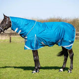 Bright blue swish 100g detachable neck turnout rug with reflective strips and small brand logo on the side