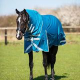 Swish 100g detachable neck turnout rug in vibrant turquoise with reflective strips and a hood for equestrian use