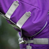 Purple swish 100g fixed neck turnout rug with gray straps and breathable nylon lining for horses
