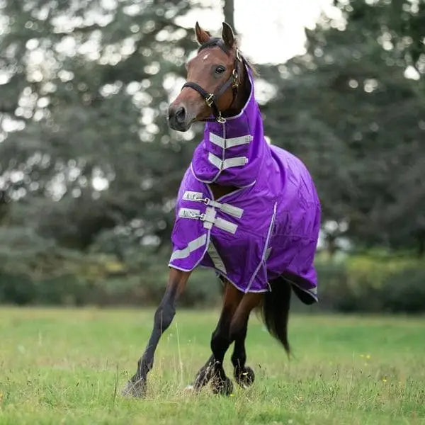 Swish 100g fixed neck turnout rug in purple with reflective strips and breathable nylon lining for horses