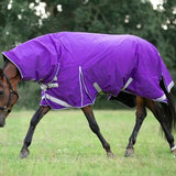 Purple swish 100g fixed neck turnout rug with reflective strips silver buckles and breathable nylon lining