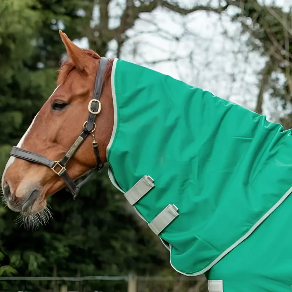 Green turnout rug neck cover in green with white trim silver buckles made from durable 1200d ripstop by swish