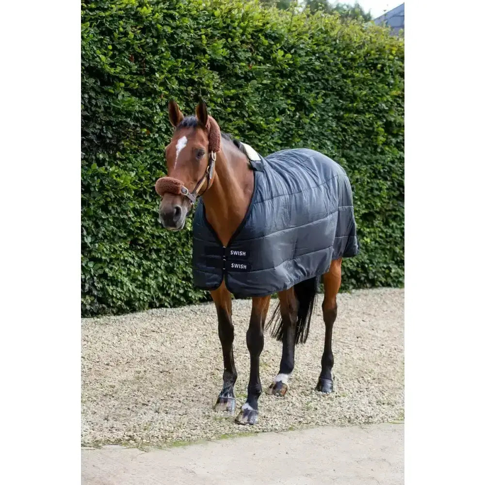 Dark gray quilted horse rug liner with black trim and swish branding highly breathable 100g horse rug liner