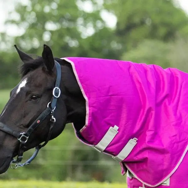 A vibrant magenta 100g mulberry turnout rug neck cover with white trim and adjustable straps for equestrian use
