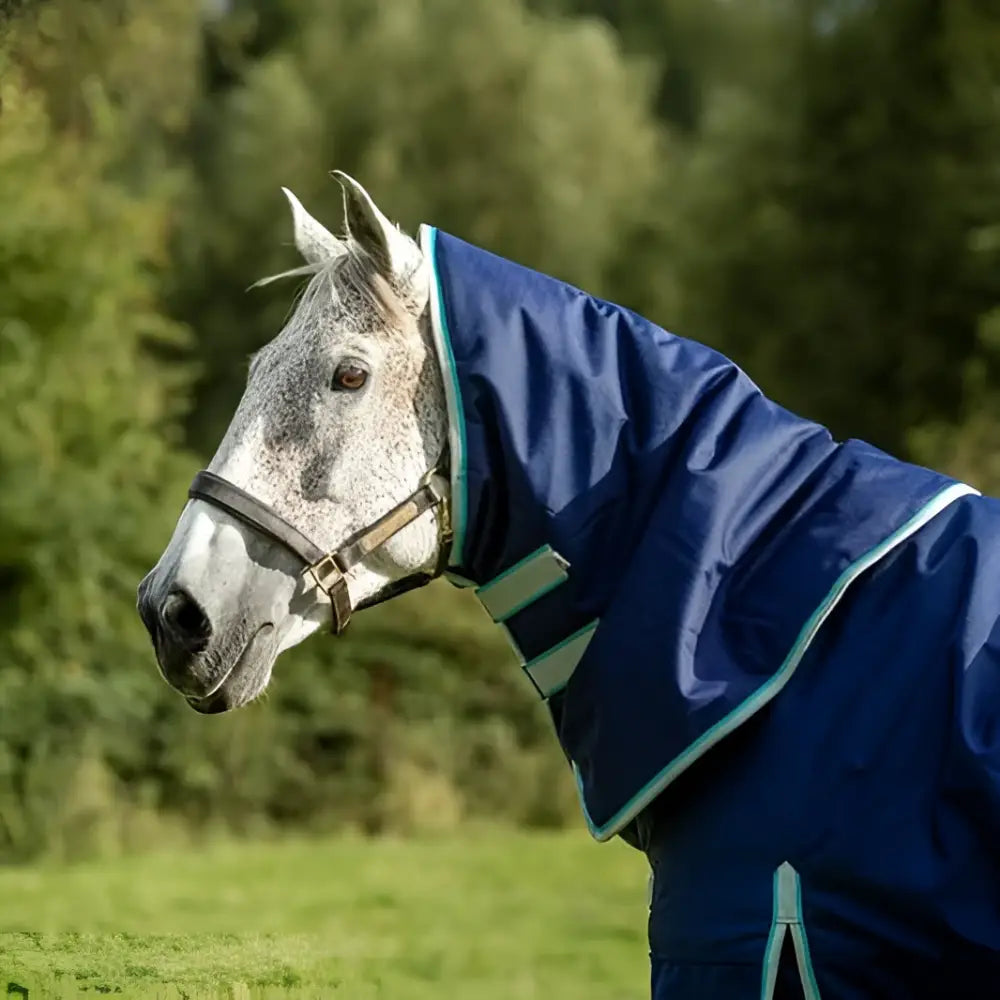 Navy turnout rug neck cover with teal trim and reflective stripes made from durable 1200d ripstop material