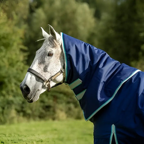 Navy turnout rug neck cover with teal trim and reflective stripes made from durable 1200d ripstop material