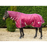 A maroon swish 100g lightweight stable rug with detachable neck burgundy, soft nylon lining, and reflective straps