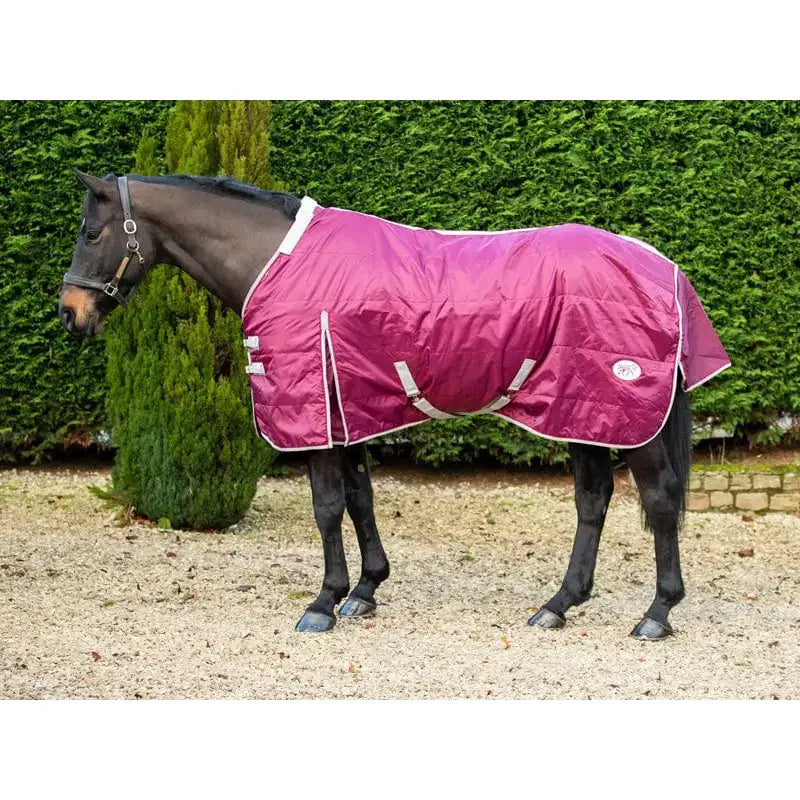 A maroon swish 100g lightweight quilted horse blanket with detachable neck burgundy and soft nylon lining