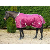 A maroon swish 100g lightweight quilted horse blanket with detachable neck burgundy and soft nylon lining