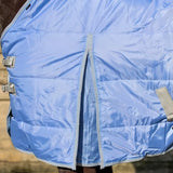 Light blue quilted lightweight stable rug with detachable neck cornflower reflective trim and soft nylon lining