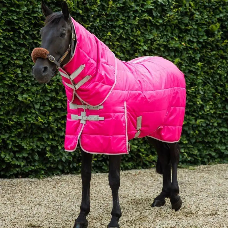Bright pink swish 100g stable rug with detachable neck, silver buckles, soft nylon lining, and hi vis trim