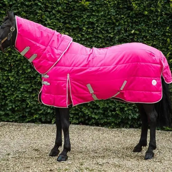 Bright pink swish 100g stable rug with detachable neck soft nylon lining and silver reflective straps with storage bag