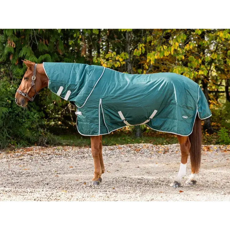 Teal lightweight stable rug with detachable neck hunter green, white trim, reflective strips, and soft nylon lining