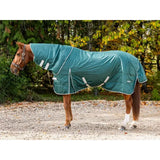 Teal lightweight stable rug with detachable neck hunter green, white trim, reflective strips, and soft nylon lining