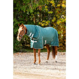 Teal lightweight stable rug with soft nylon lining, detachable neck hunter green style, white trim, and reflective strips