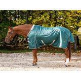 Teal lightweight stable rug with detachable neck hunter, white trim, reflective stripes, and soft nylon lining