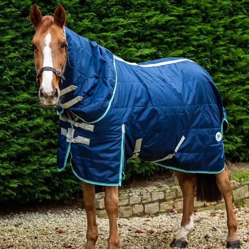 Blue quilted lightweight stable rug with detachable neck navy and silver buckles, ideal for storage bag use