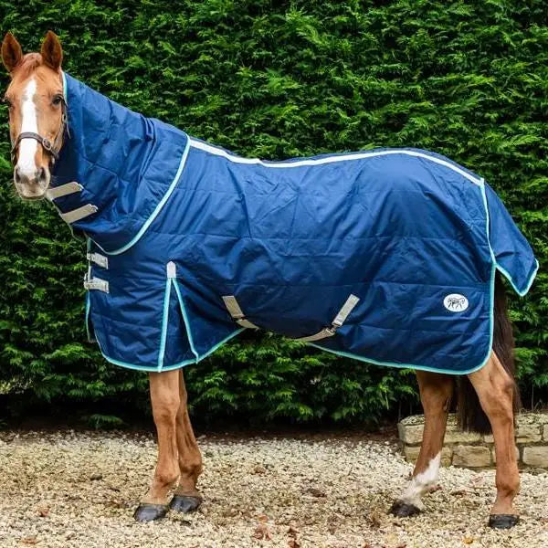 Navy blue quilted lightweight stable rug with detachable neck navy and reflective silver straps in storage bag view