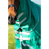 Green swish 200g detachable neck turnout rug with reflective silver trim and white buckles for horses