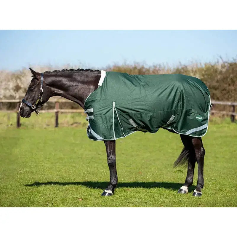 Dark green swish 200g detachable neck turnout rug with white trim and reflective stripes for equestrian use