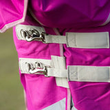 Bright pink swish 200g detachable neck turnout rug with gray straps and silver metal buckles in mulberry color