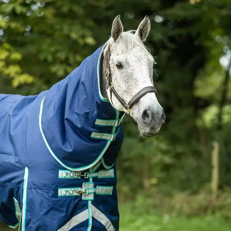 Navy swish 200g medium weight turnout rug with detachable neck turnout, liner attachments, teal trim, and reflective stripes