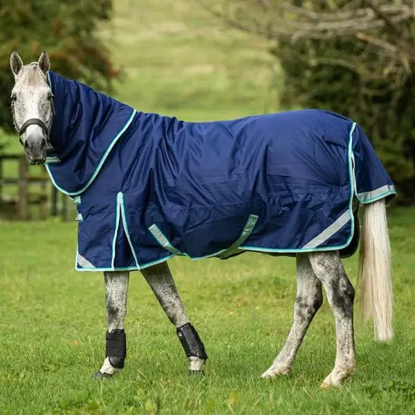 Navy blue medium weight turnout rug with detachable neck turnout and liner attachments featuring teal trim and reflective stripes