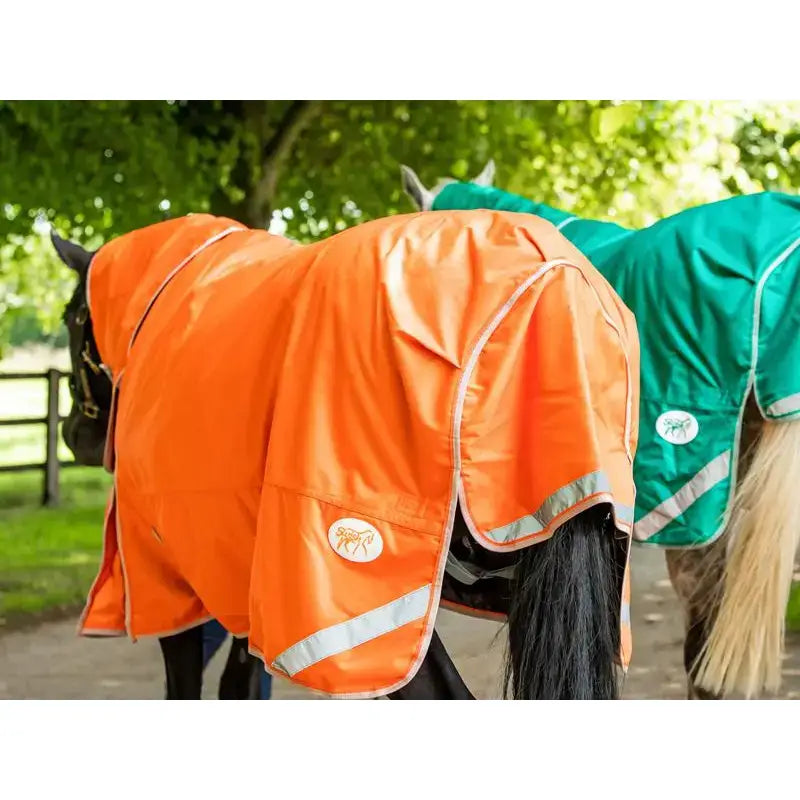 Bright orange turnout rug with reflective silver stripes and white logo featuring a 200g detachable neck turnout design