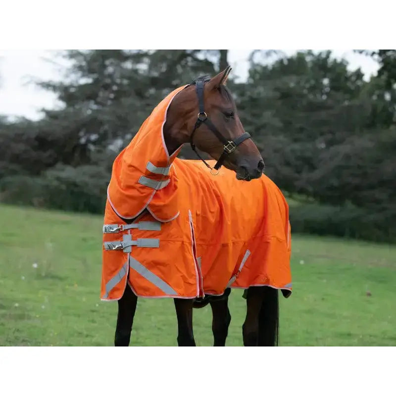 Bright orange 200g detachable neck turnout rug with reflective stripes and adjustable straps for safety and comfort