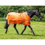 Bright orange 200g detachable neck turnout rug with reflective strips and white trim perfect for rainy rides