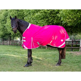 Bright pink swish 200g turnout rug with detachable neck cover white trim reflective strips and tail flap