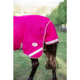 Bright pink Swish 200g turnout rug with white trim, reflective stripes, detachable neck cover, and tail flap visible